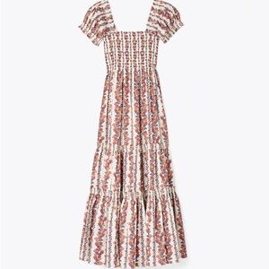 🆕 BNWT Tory Burch Printed Smocked Midi Dress - Orange Wonderland/Vine print
